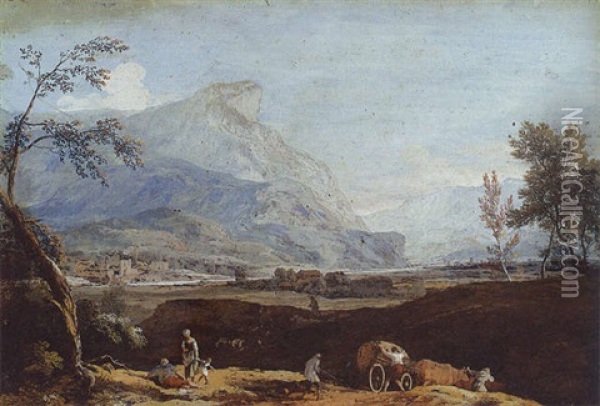 An Extensive Mountain Landscape With Peasants And A Wagon Oil Painting - Marco Ricci