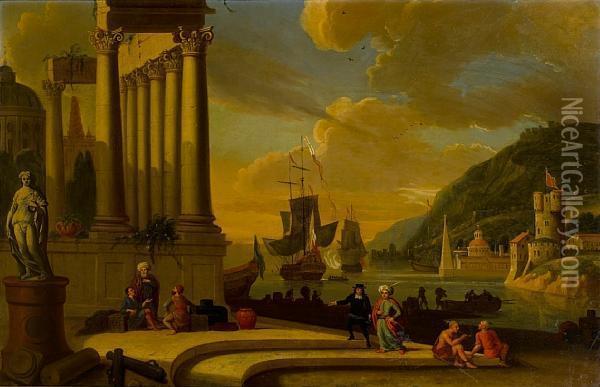 A Mediterranean Harbour With 
Stevedoresresting Before Ruins And Elegant Figures On The Quay Oil Painting - Abraham Storck