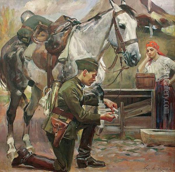 Ulan Opatrujacy Konia Oil Painting - Wojciech Von Kossak