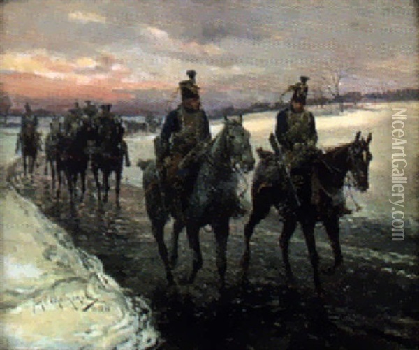 Kavalleri Pa Vintervag Oil Painting - Jan van Chelminski