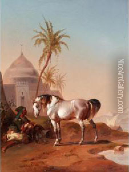 An Arab Horseman At Rest Oil Painting - Joseph Heike