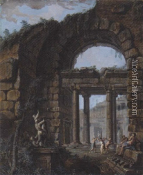 A Ruined Classical Villa With Figures Dancing Oil Painting - Charles-Louis Clerisseau