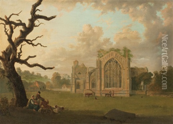 The Ruins Of Melrose Abbey Oil Painting - George Barret