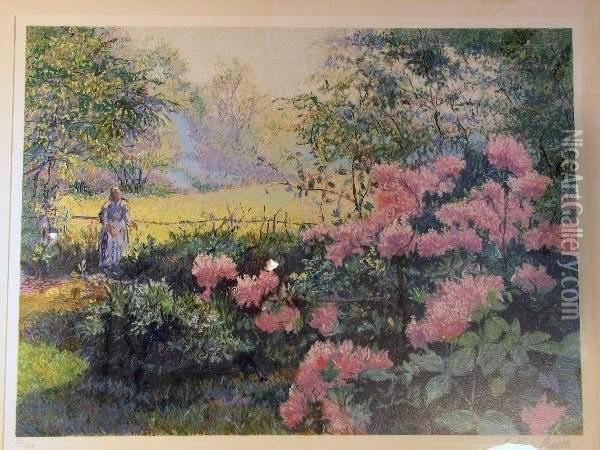 Title: Les Rhododendrons Oil Painting - Claude Honore Hugrel