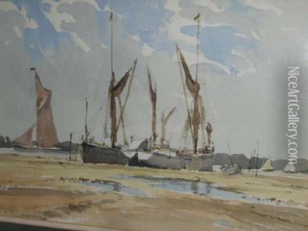 Beach Scene With Sail Boats Oil Painting - Edward Harry Handley-Read