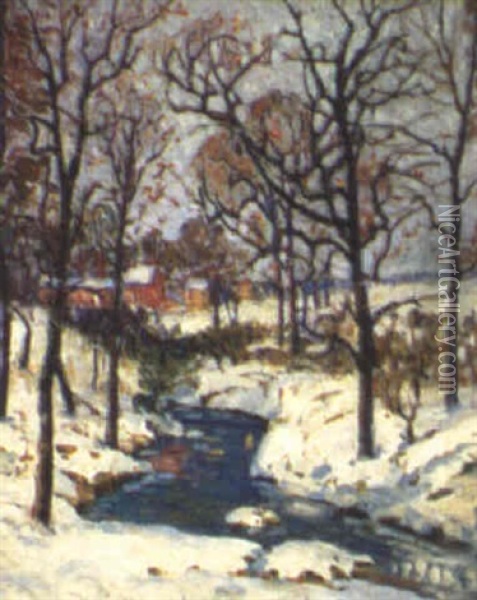 Creek From The Village Snow Scene Oil Painting - Fern Isabel Coppedge