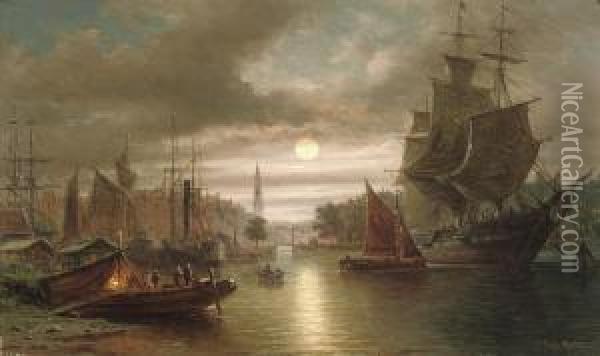 Amsterdam By Moonlight Oil Painting - Elias Pieter van Bommel