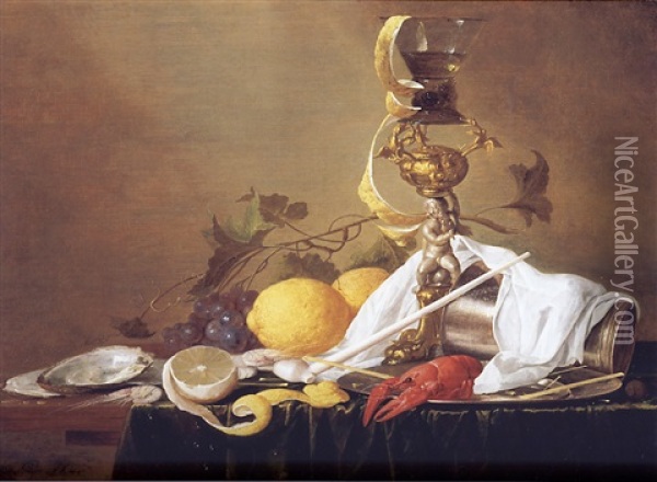 Still Life Of A Wine Glass On A Parcel-gilt Stand, An Overturned Silver Beaker And A Lobster On A Pewter Plate, Together With A Clay Pipe, Lemons, Grapes, Shrimps And Oysters, All Arranged On A Table Oil Painting - Jan Davidsz De Heem