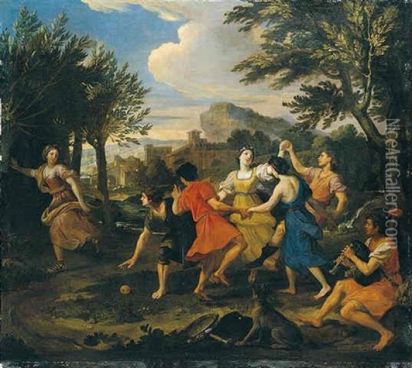 Arcadian Landscape With Figures Dancing Oil Painting - Louis de Boulogne the Younger
