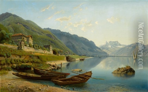 Lac Leman Avec Vue Sur La Vallee Du Rhone Et Le Mont Blanc Oil Painting - Jean-Marc Dunant-Vallier