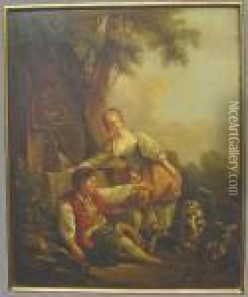 Courting Couple By A Fountain With Pet Dog Oil Painting - Francois Boucher