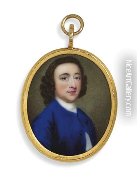A Young Gentleman, In Blue Velvet Coat, White Stock, Curling Brown Wig Oil Painting - Gervase Spencer
