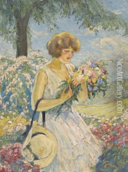 Junge Frau Mit Blumenstrauss In Einem Park Oil Painting - Lipot Illencz