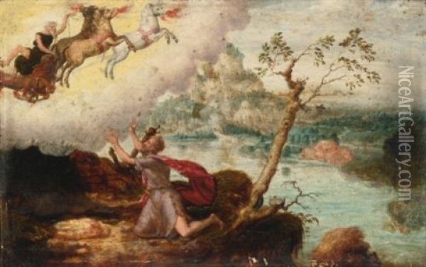 Elijah Ascending To Heaven In The Fiery Chariot Oil Painting - Herri met de Bles