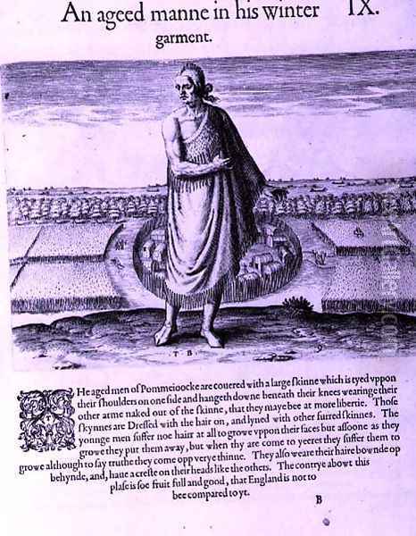 Old Indian Man in his Winter Garment, from A Brief and True Report of the New Found Land of Virginia by Thomas Harriot (1560-1621) engraved by Theodore de Bry (1528-1598) pub. in 1590 Oil Painting - John White