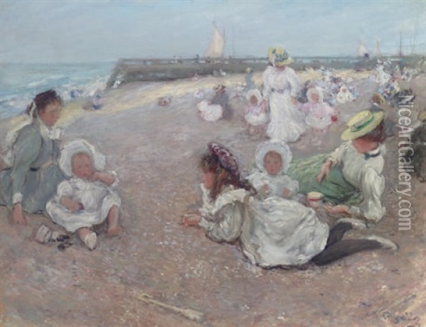 At The Seashore Oil Painting - Walter Westley (Sir) Russell