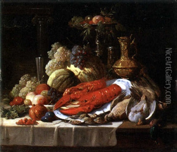 Still Life With Lobster, Oysters, Fruit And Fowl On A Draped Table Oil Painting - John Seymour Lucas