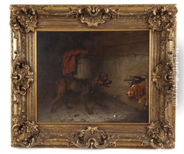 Challenging The Intruder, Dogs And A Donkey In A Stable Interior Oil Painting - Edmund Bristow