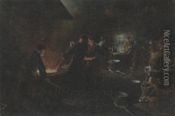 Workers In A Steel Factory Oil Painting - Herman Heijenbrock