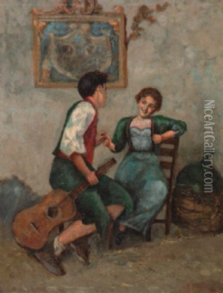 Kokette Gitarrenschulerin Mit Lehrer Oil Painting - Salvatore Postiglione