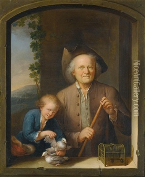An Elderly Gentleman And A Young Boy In An Archway, Together With Two Doves And A Bird Cage Oil Painting - Joost van Geel