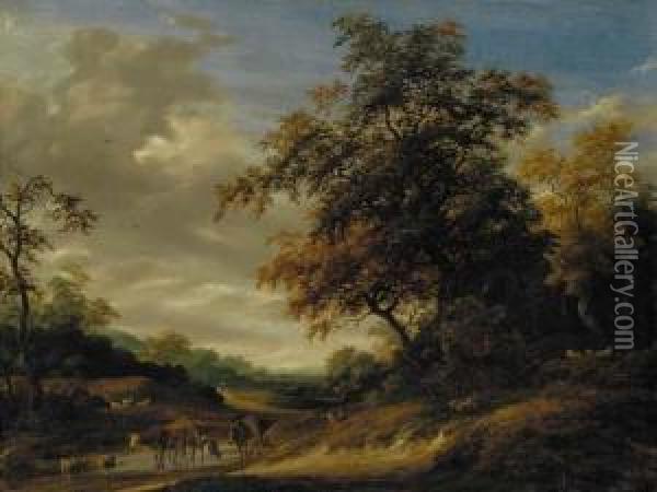 A Wooded Landscape With Herders Resting And Cattle And Sheep Grazing Oil Painting - Jacob Salomonsz. Ruysdael
