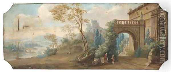A capriccio of classical ruins near a river with gentlemen conversing Oil Painting - Hubert Robert