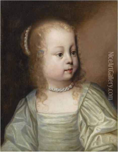 Portrait Of A Young Girl, Head And Shoulders, Wearing A Great Dress And Pearls Oil Painting - Sir Anthony Van Dyck