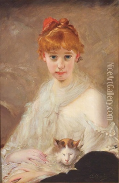 Portrait De Jeune Fille Au Chat Oil Painting - Charles Joshua Chaplin