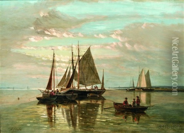 Moored Fishing Boats Oil Painting - Abraham Hulk the Elder