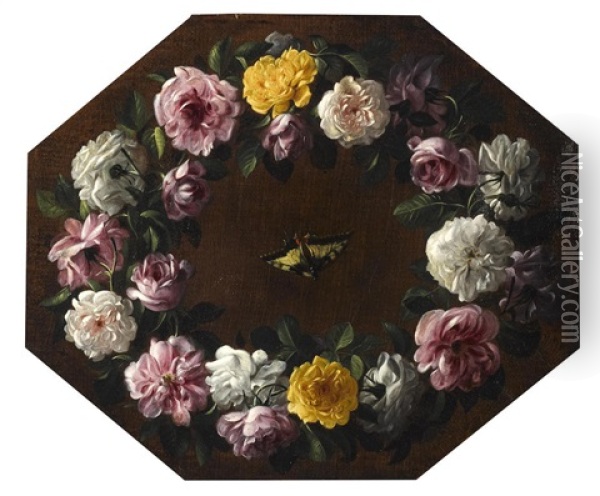 A Garland Of Pink, Yellow And White Roses Surrounding A Greenfinch; A Garland Of Pink, Yellow And White Roses Surrounding A Greenfinch; A Garland Of Pink, Yellow And White Roses Surrounding A Goldfinch; And A Garland Of Pink, Yellow And White Roses Surrou Oil Painting - Giovanni Stanchi