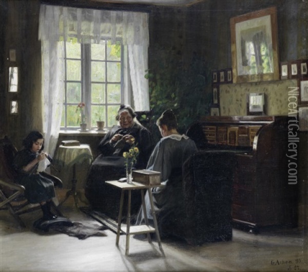 Mother, Daughter And Granddaughter Knitting Oil Painting - Georg Nicolaj Achen