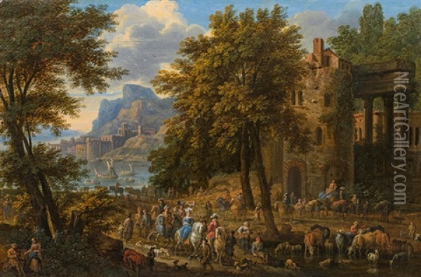 Landscape With Hunting Society, Travellers And Sheperds In Front Of A Ruin Oil Painting - Jan-Baptiste van der Meiren