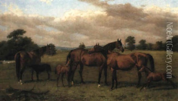 Lord Falmouth's Mares And Foals In Mereworth Park, Kent Oil Painting - Harry Hall