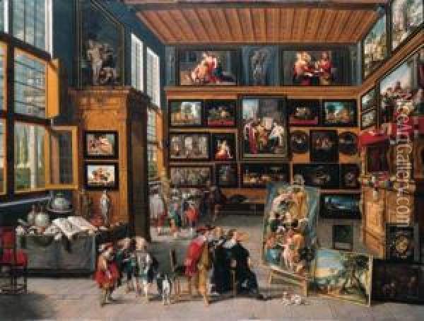 A Spacious Entrance Hall: The 
Walls Hung With Pictures, Collectors'items On Tables, And An Artist 
Showing A Painting To Aconnoisseur. Oil Painting - Cornelis de Baellieur