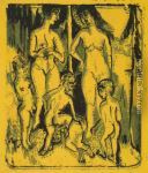 Spielende Nackte Kinder - Zwei Frauen Und Vier Kinder Oil Painting - Ernst Ludwig Kirchner