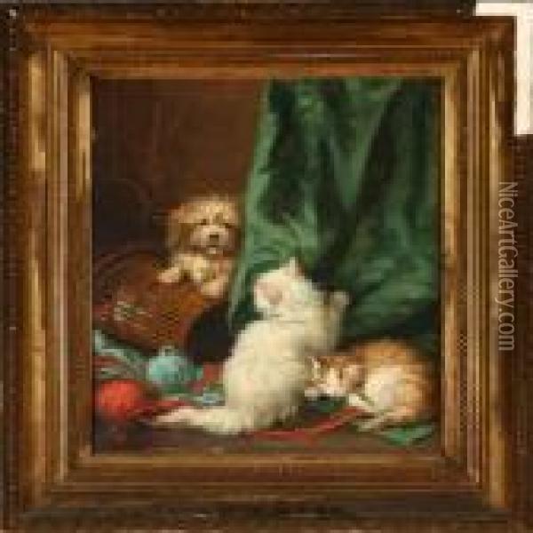 Dog And Catsplaying Oil Painting - Jules Leroy