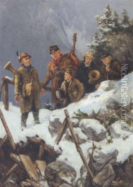 Vinterlandskab Med Rejsende Musikanter Oil Painting - Albert Mueller-Lingke