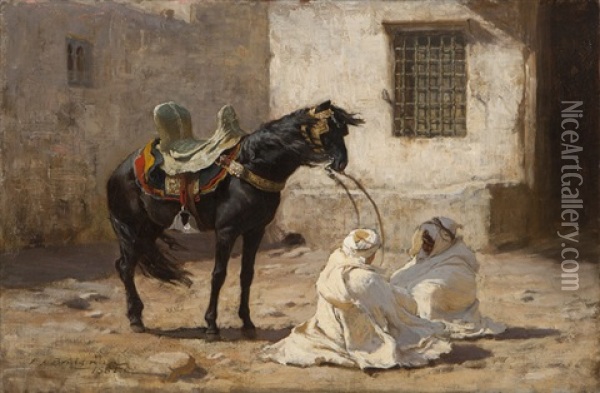 Black Stallion And Two Bedouin Men In A Wind Storm Oil Painting - Frederick Arthur Bridgman