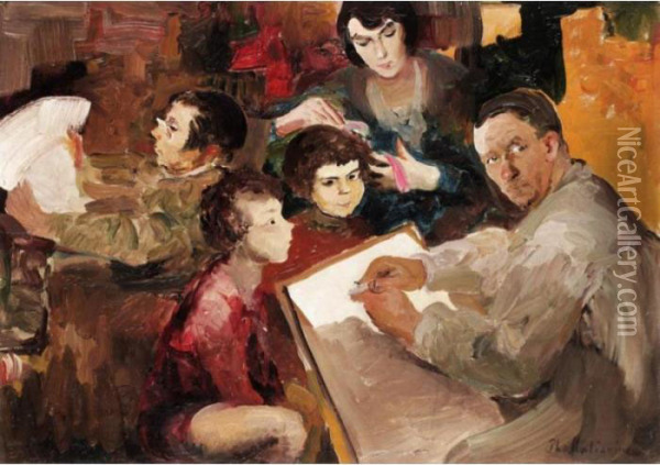 Self Portrait Of The Artist With His Family Oil Painting - Philippe Andreevitch Maliavine