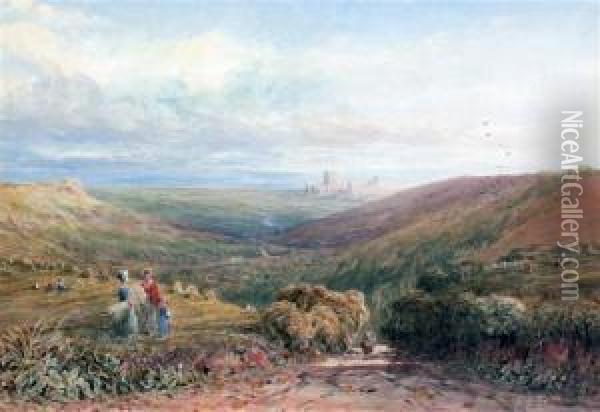 Harvesters In An Extensive Landscape Oil Painting - David Cox