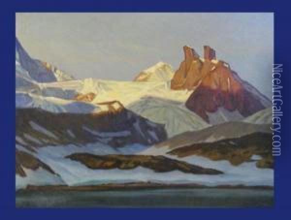 Bergsee Mit Schneebergen Im Sonnenaufgang Oil Painting - A. Monnier