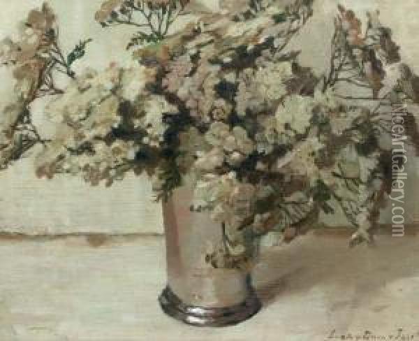 Fleur Dans Un Gobelet D'etain: White Flowers Oil Painting - Lucie Van Dam Van Isselt
