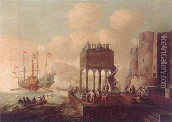 A Cappriccio Of A Mediterranean Harbour With Oriental Merchants Beneath A Covered Market Beside A Fortification Oil Painting - Antoon Blankert