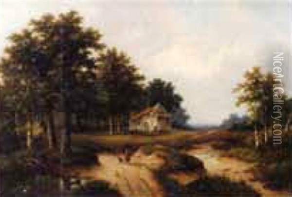 Figure With A Dog On A Path In A Wooded Landscape Oil Painting - Hendrik Pieter Koekkoek