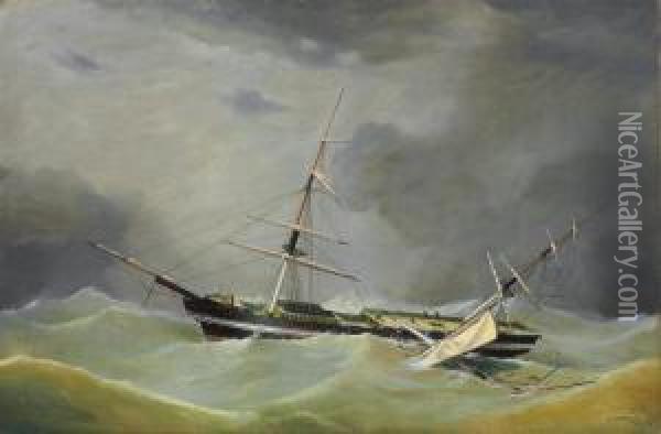 A Dismasted Ship Riding Out The Gale Oil Painting - Frederick Tudgay