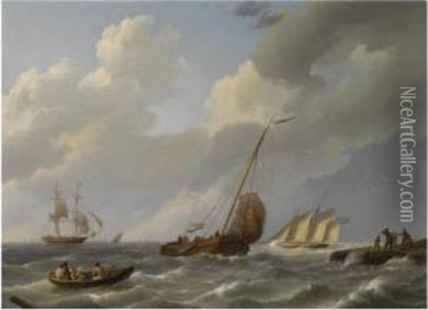 Dutch And British Boats On Choppy Waters Oil Painting - Johannes Hermanus Koekkoek