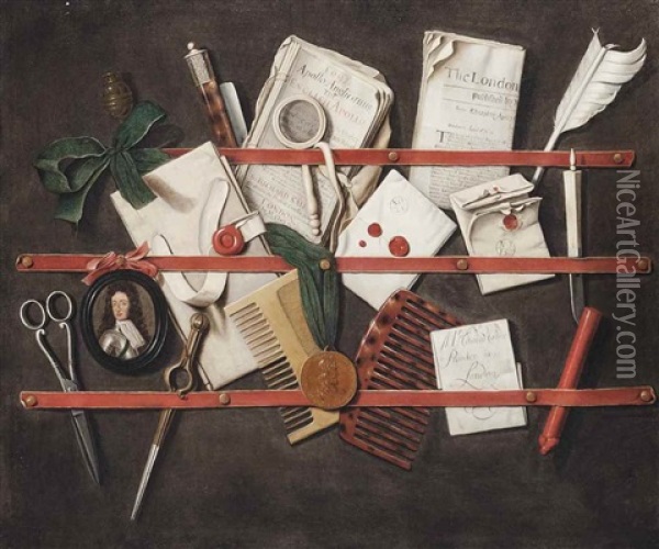 A Trompe L'oeil Of A Letter Rack With Documents, Pamphlets, A Miniature Of King William Iii (1650-1702), A Medallion, A Quill, A Stick Of Red Wax, A Magnifying-glass, Combs, Scissors, And Other Objects Oil Painting - Edward Collier
