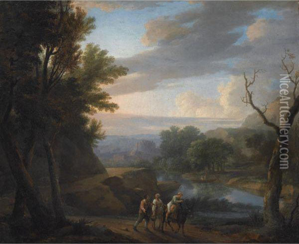An Italianate Wooded Landscape With Travellers On A Path Along The Riverside Oil Painting - Herman Van Swanevelt
