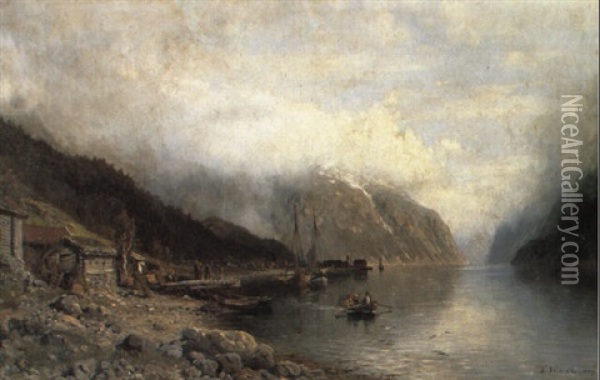 Norsk Fjordparti Med Sejlskibe Og Rob+de Ud For En Bygd Oil Painting - Anders Monsen Askevold